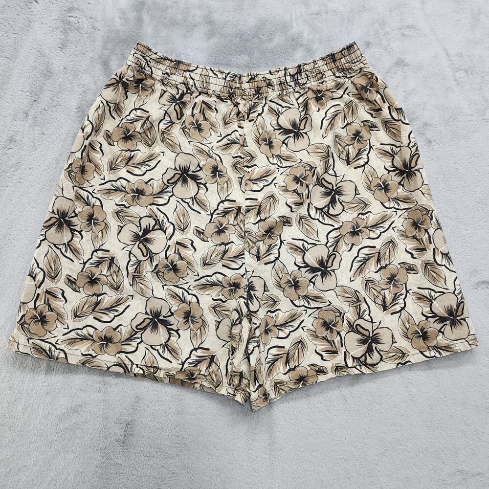 Vintage 80s Basic Editions Shorts Womens M Brown Floral Hawaiian Cotton Pull On